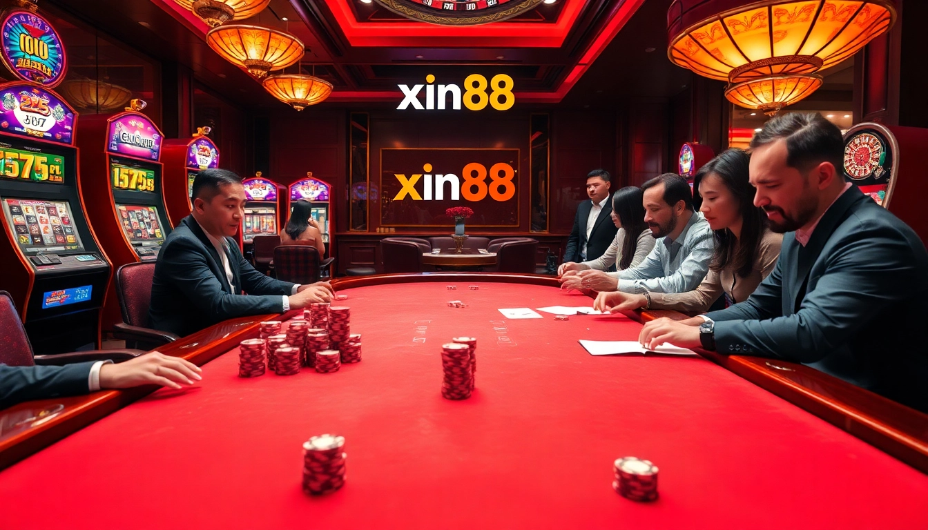 Xin88 poker table surrounded by vibrant slot machines, capturing the excitement of online gambling.