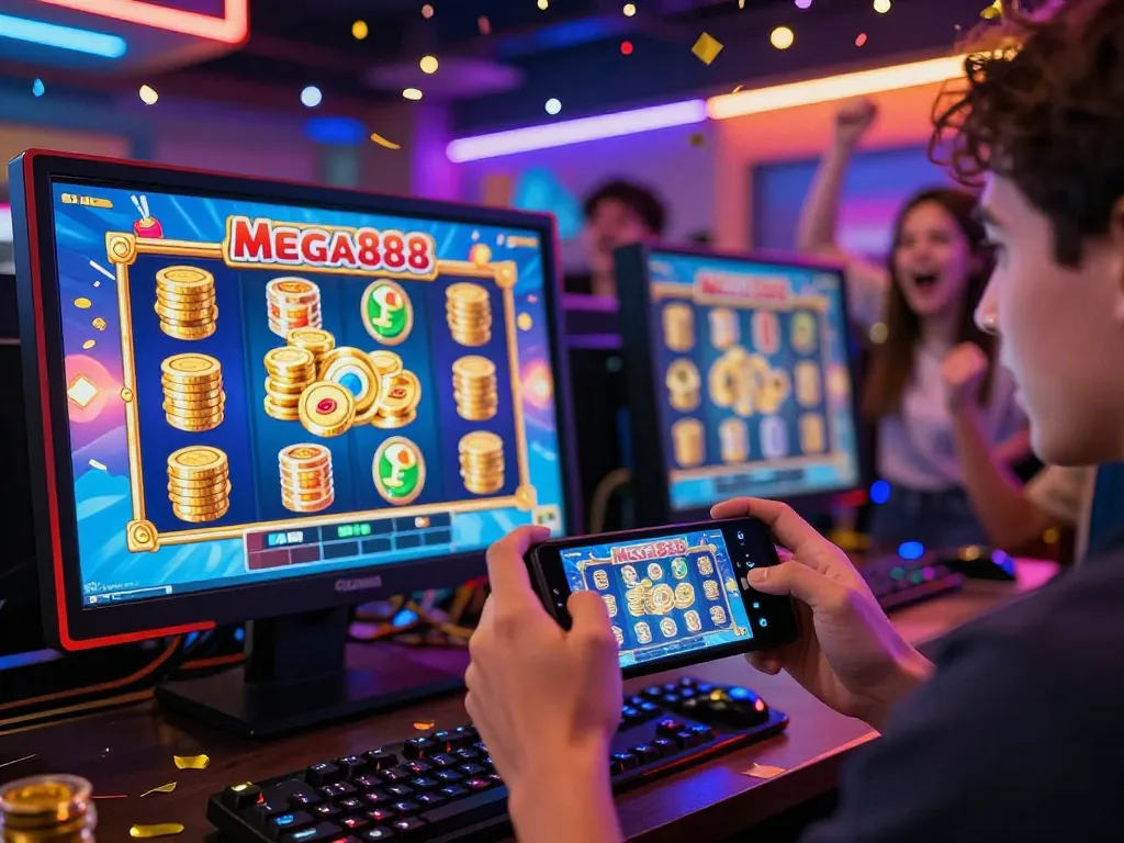 Dynamic gaming experience with free credit mega888 displayed on mobile device, vibrant slot game visuals and cheering friends in action.