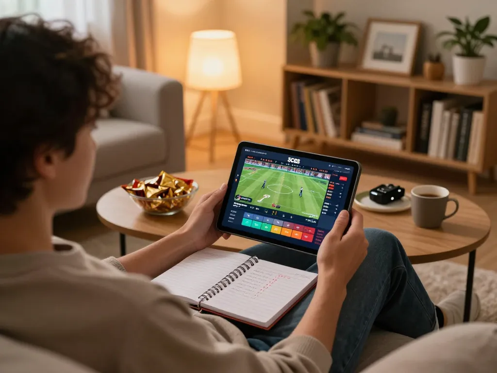 Engaging in online betting on SC88 with a tablet during a cozy evening at home.