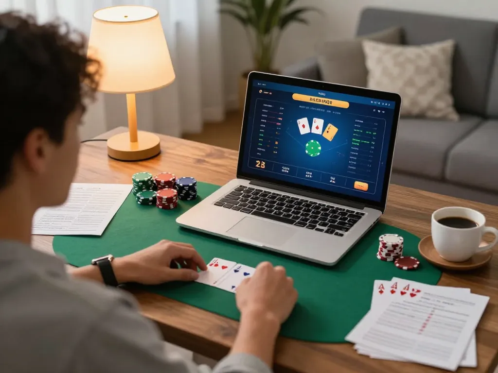 Player using laptop for go8 online poker, surrounded by strategy notes and warm lighting.