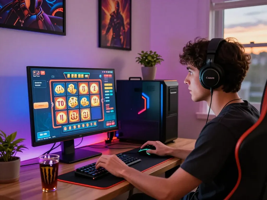 Engaged player enjoying toto slot games in a vibrant gaming setup.
