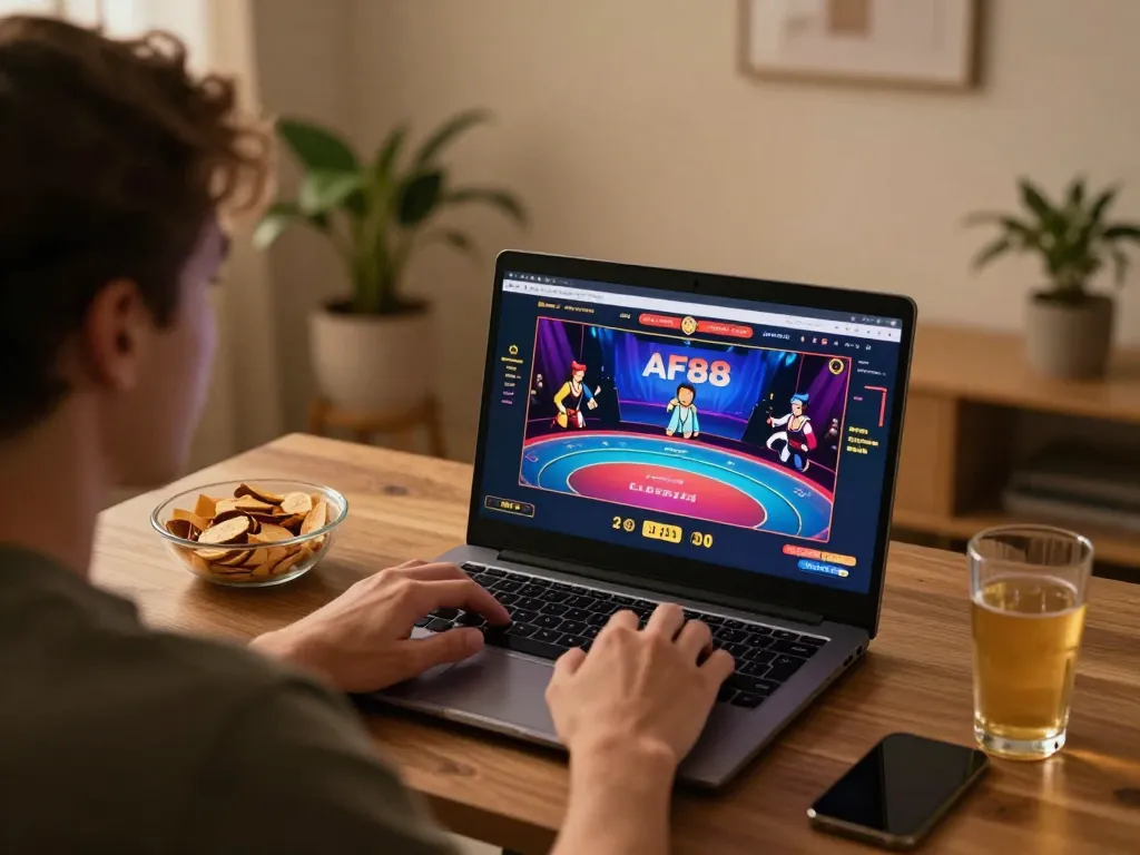 Engagement with AF88 online casino interface in a cozy home setting emphasizes strategic gameplay.