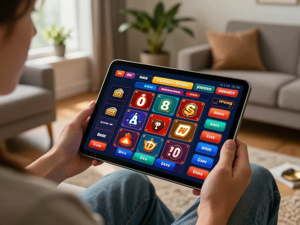 Player engaging with online casino app featuring lsa gameplay strategies on tablet in cozy interior