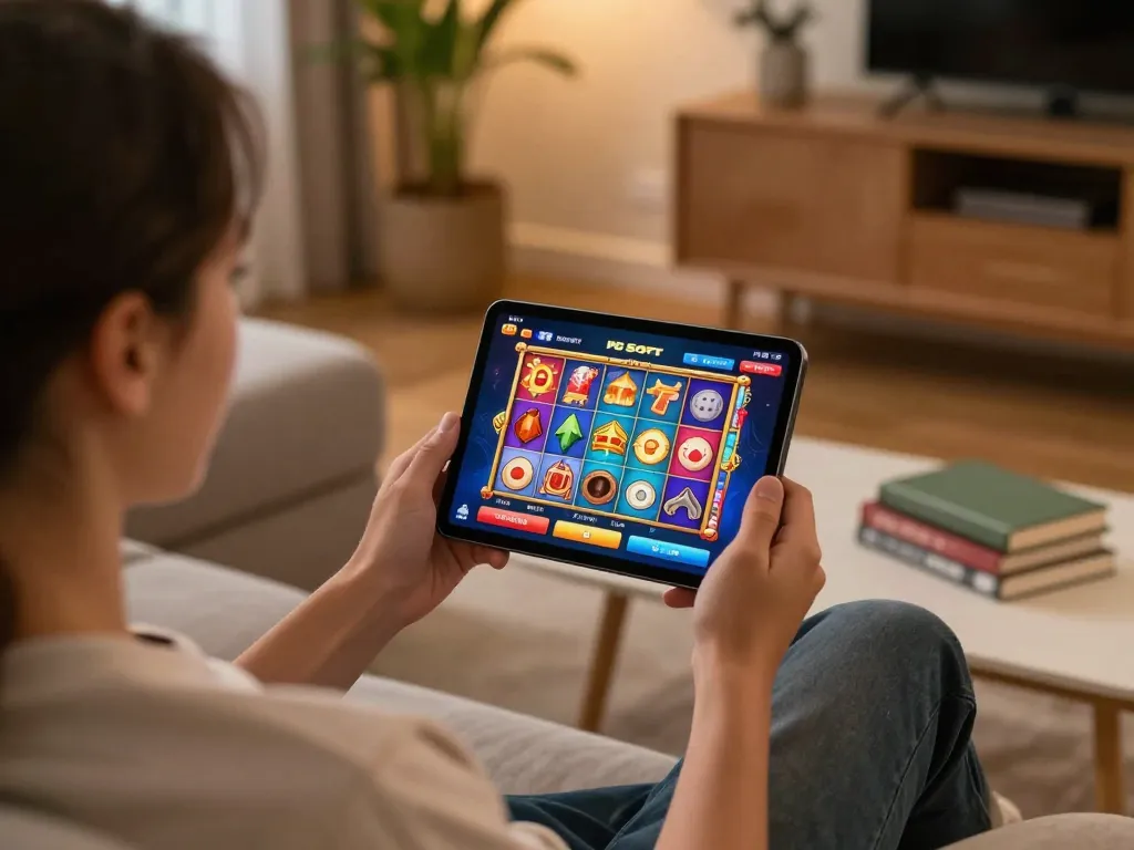 Berpartisipasi dalam Slot Demo PG Soft Mirip Asli di smartphone sambil bersantai di rumah.
