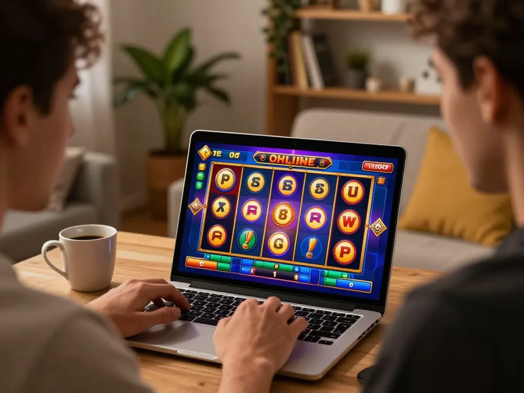 Player enjoying SlotsGG online slot game on a laptop in a cozy home setting
