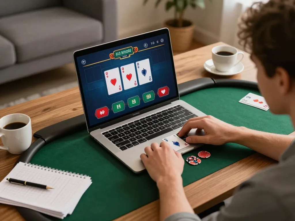 Engaging in strategic online poker at home with king33 gaming setup and cozy atmosphere.