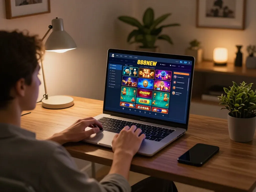 Engaging in strategic gameplay on 888NEW's online casino interface from a modern home office.