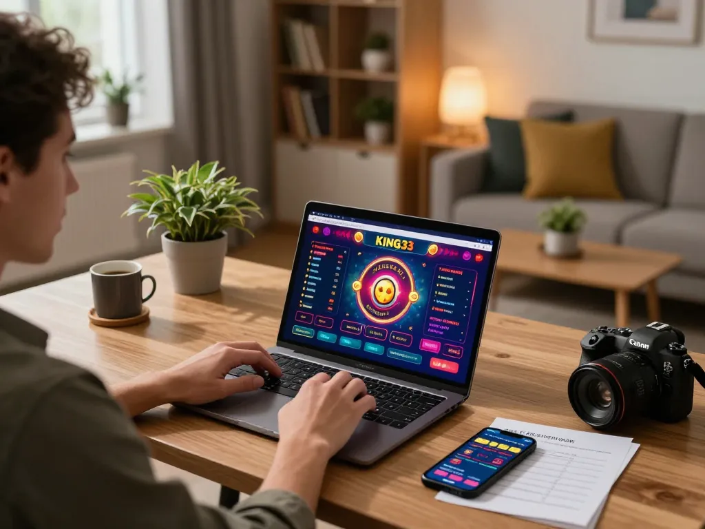 Player engaging in strategic online gaming at king33, with a dynamic interface and cozy home setup visible.
