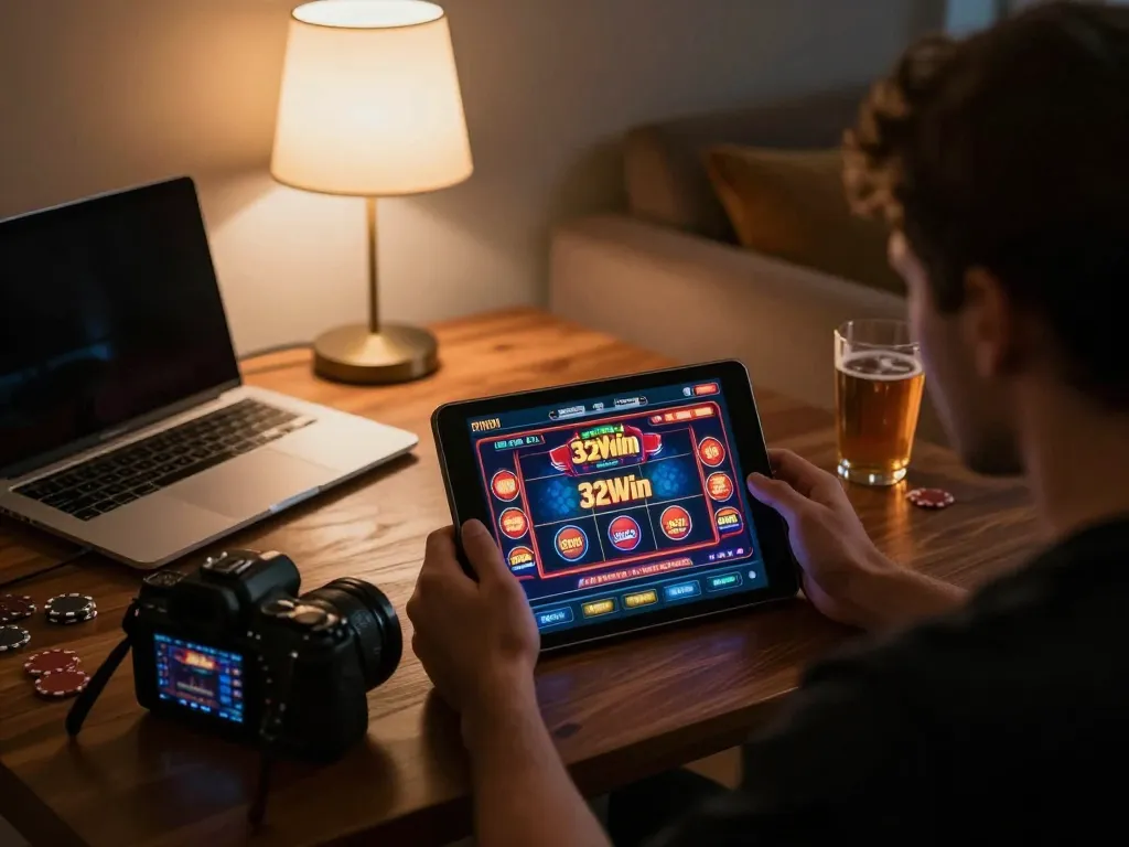 Player engaging with 32win online casino interface on tablet in cozy home setting.