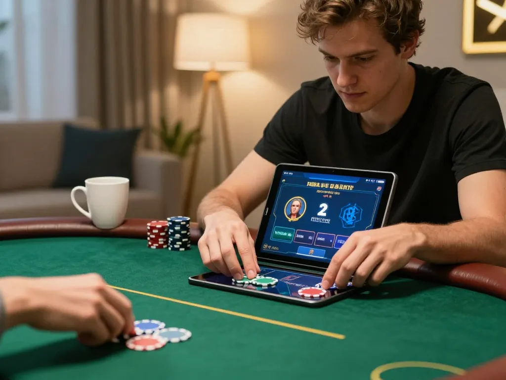 Player enjoys a strategic poker game on tg88 platform with dynamic gameplay and cozy home atmosphere.