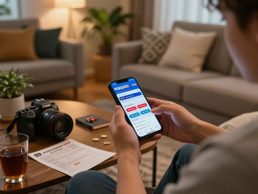 Kegiatan taruhan situs toto online dengan ponsel pintar, catatan strategis, dan suasana yang nyaman