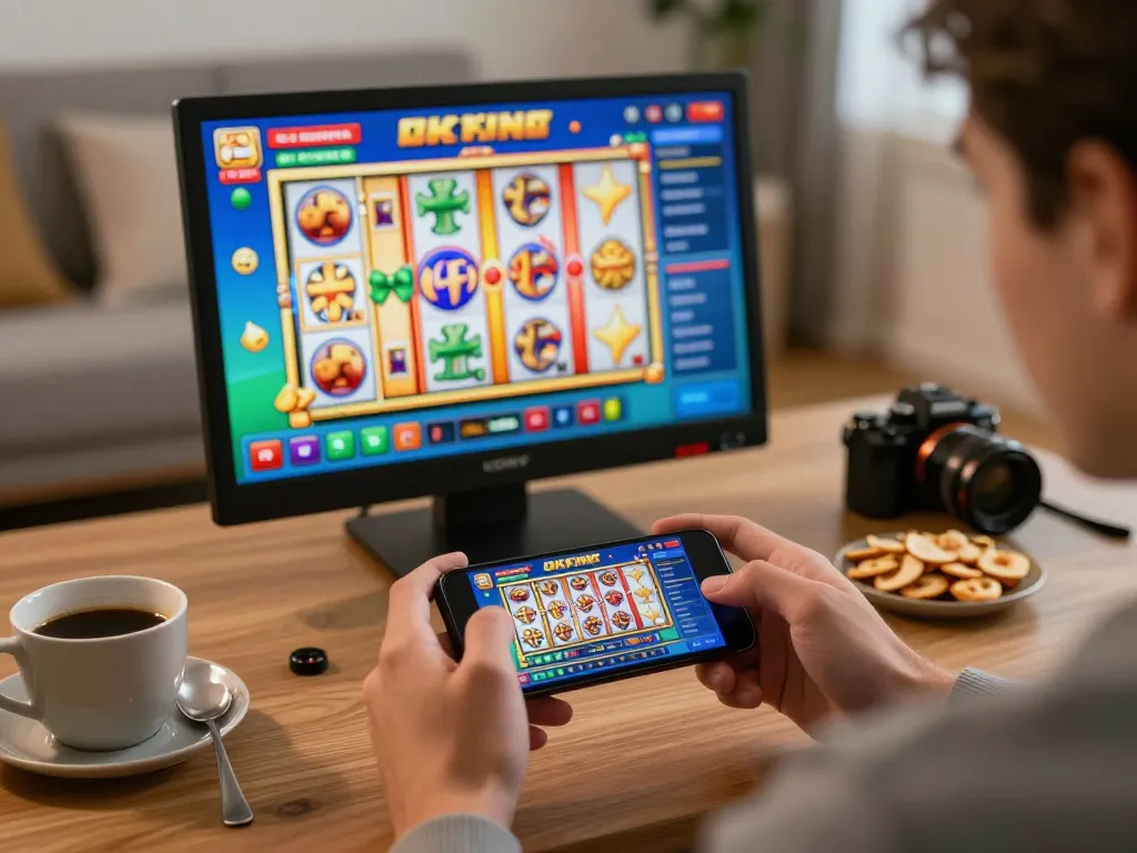 Engaging smartphone gameplay on the okfun app in cozy home setting with vibrant slot graphics