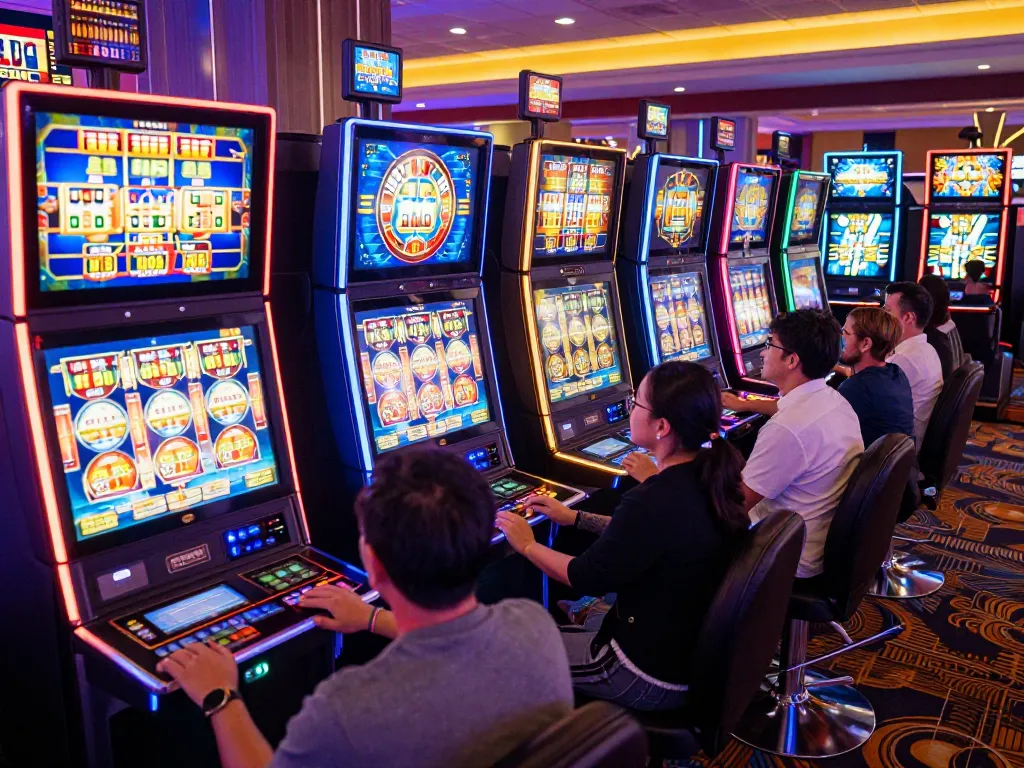 Pemain merayakan kemenangan mereka di mesin slot dalam lingkungan kasino yang meriah.