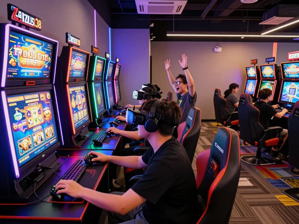 zeus138 players enjoying exciting slot gaming experience in a vibrant lounge