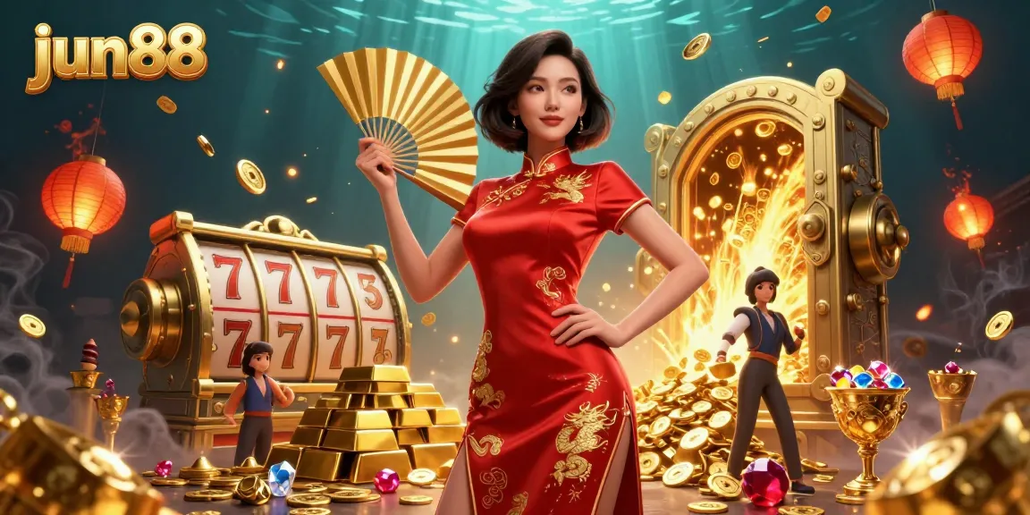 Experience the thrill of jun88 with a confident player surrounded by slot reels and gold.