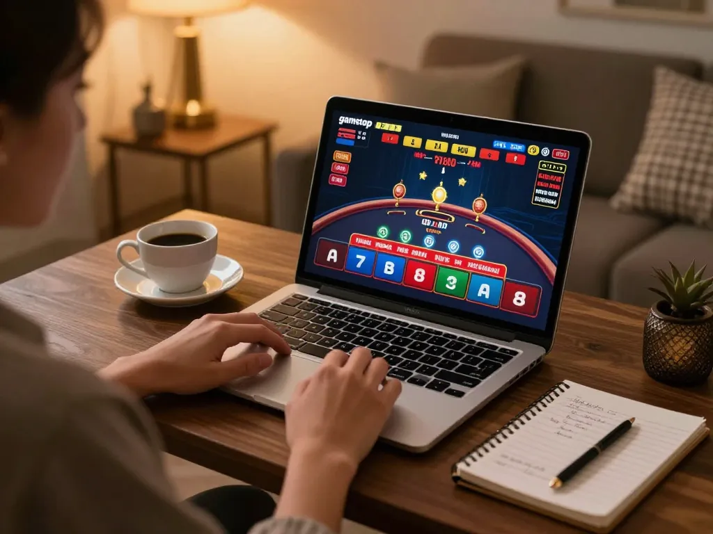 Engaging in casinos not on gamstop using a laptop for online gaming in a warm home setting.