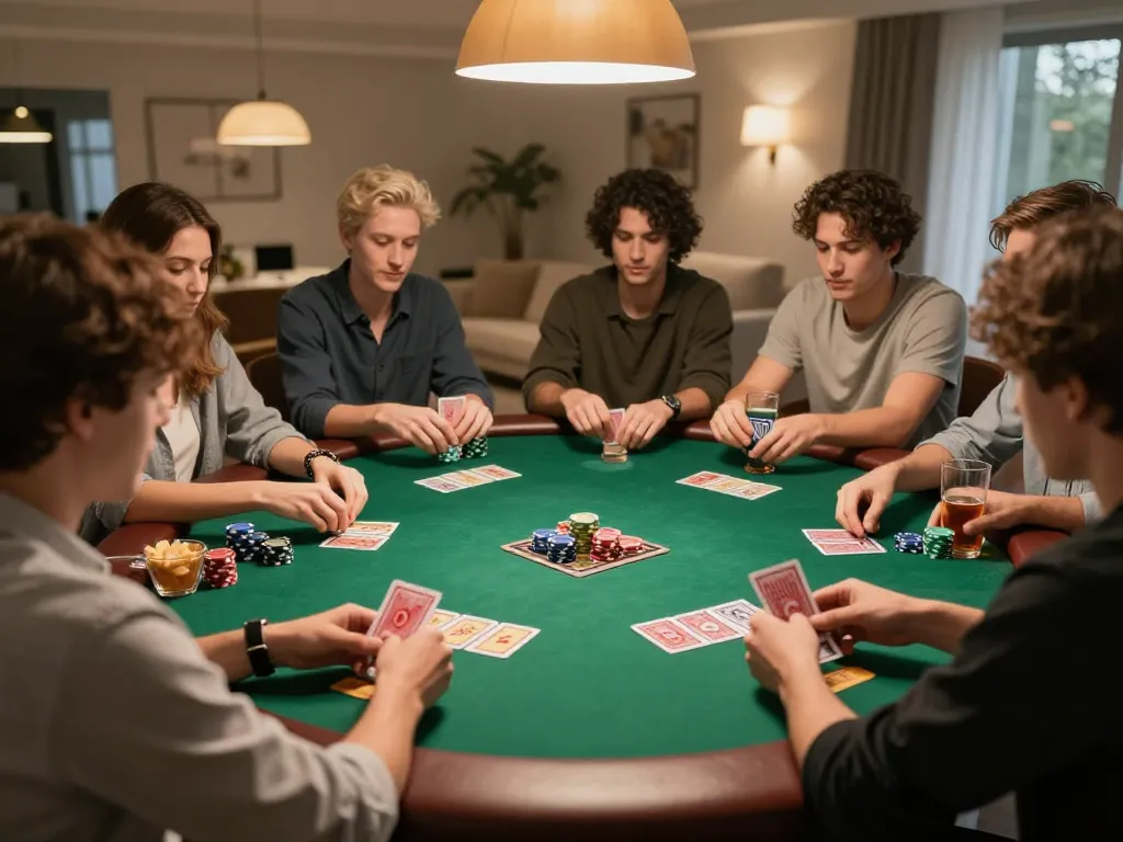 Players engaged in an exciting poker game night at home, showcasing Tr88 chính thức and strategic gameplay.