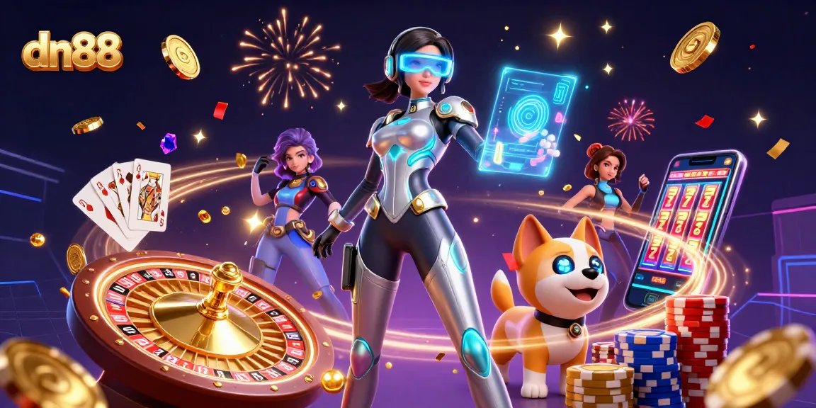 Engage in thrilling table games at dn88 with a vibrant 3D illustration of a futuristic casino scene.
