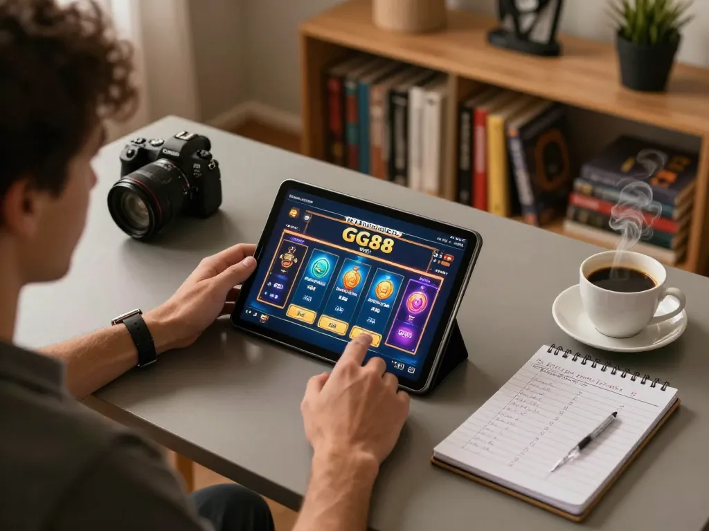 Engage in winning strategies on GG88 with a lively online gaming setup featuring a tablet.