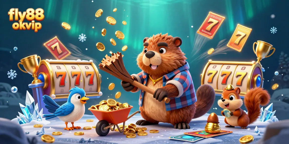 Experience the fun and excitement of fly88 okvip with cartoon characters collecting golden coins and slot gaming elements.