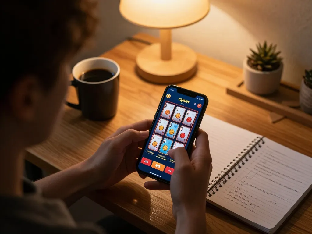Experience the thrill of gi8 gambling on a smartphone in a cozy home setup, showcasing strategic gameplay.