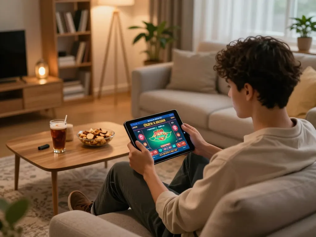 Engaging in online gaming at home with ทางเข้า m115 on display, showcasing a modern gaming atmosphere.