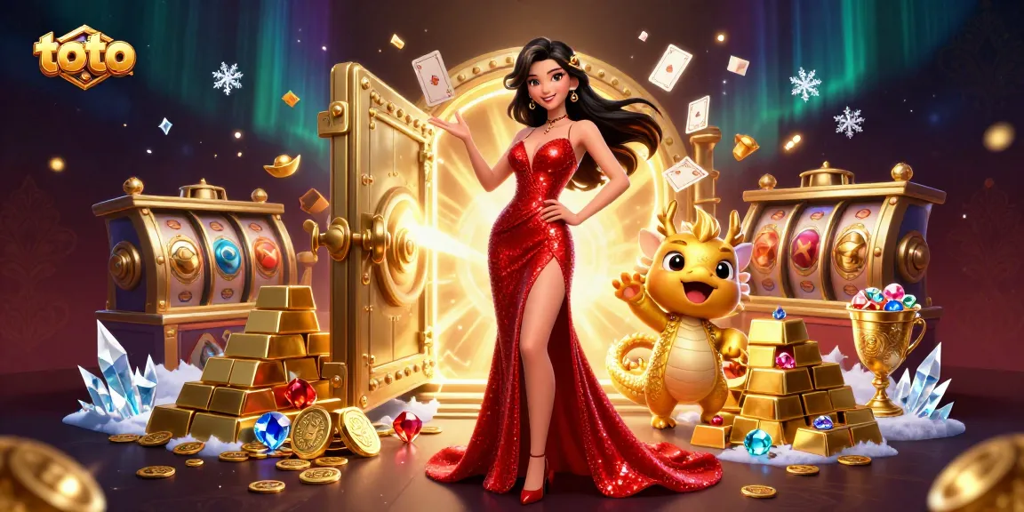 Toto-themed casino illustration featuring a confident woman and a golden dragon amidst vibrant slot machine elements.