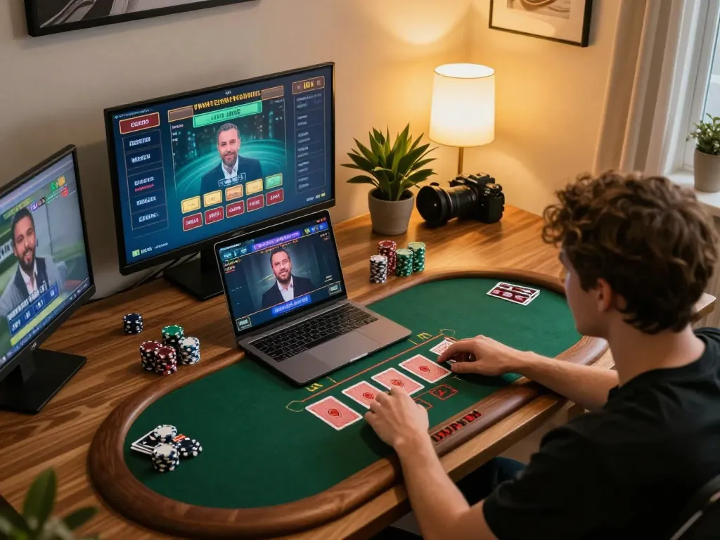 Engaging in Nk88 đăng nhập for a live dealer blackjack game on a stylish gaming setup.