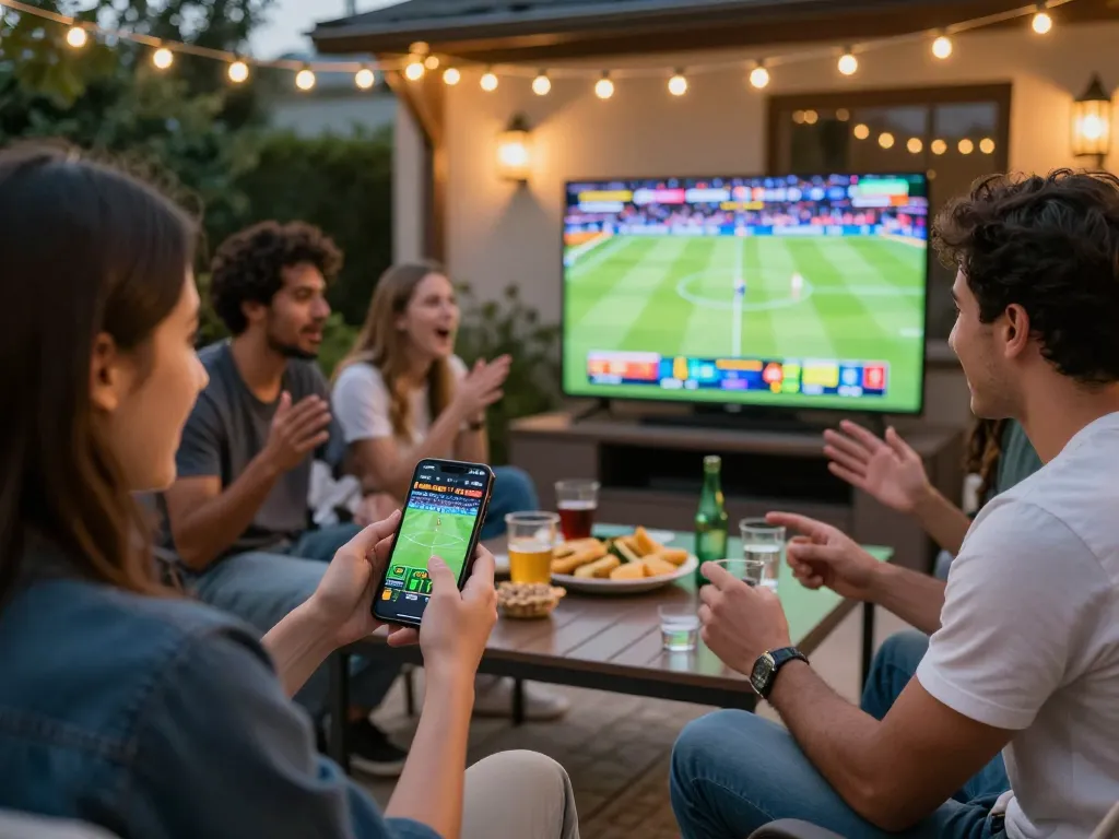 Tg88 game action as friends place bets while watching sports together, capturing excitement in a social setting.