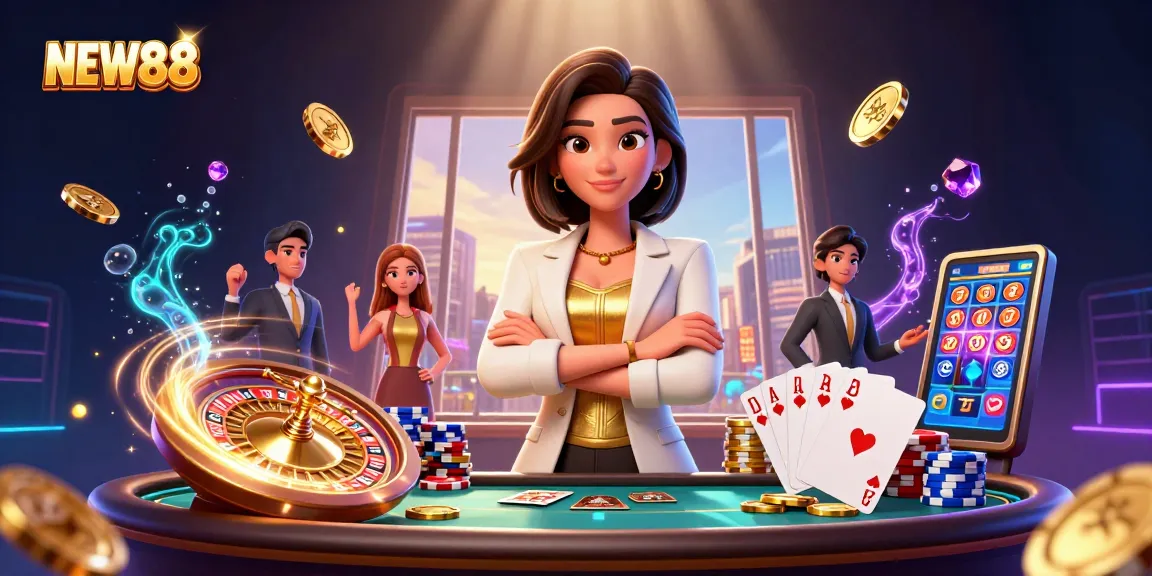 Experience excitement at NEW88 with a powerful woman holding golden cards amid dazzling casino elements.