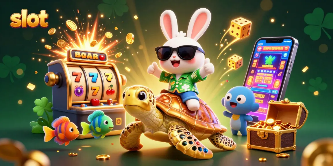 Experience thrilling slot action with a lucky rabbit and golden turtle amidst a jackpot explosion.