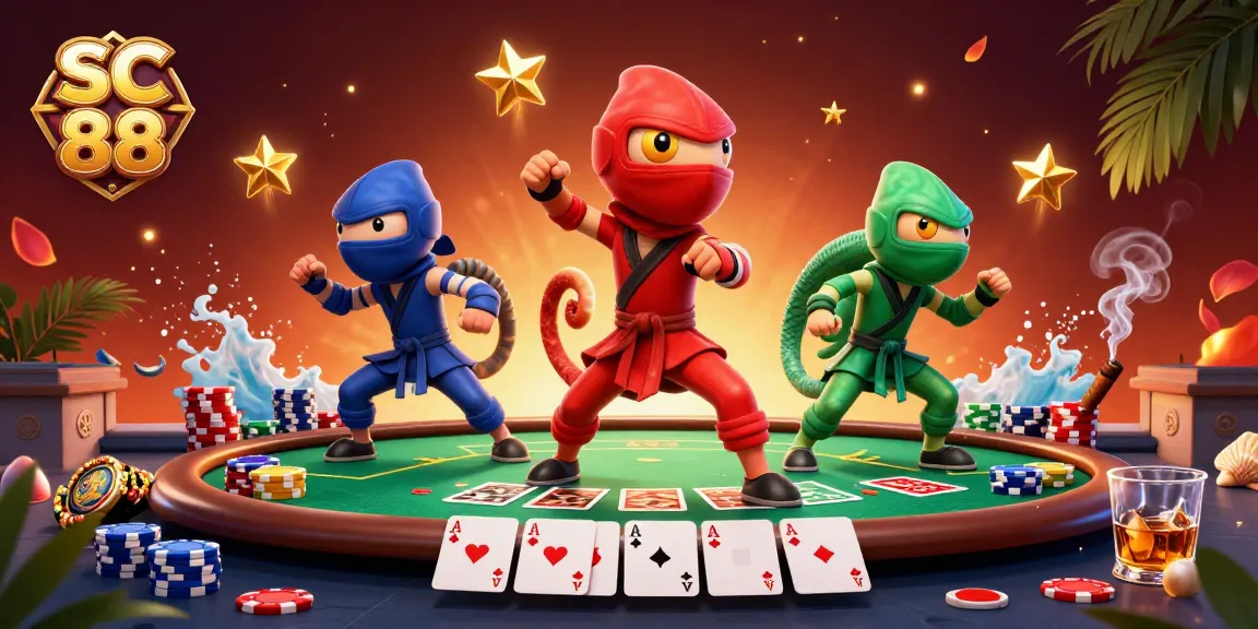 Engaging in thrilling poker action at SC 88 with cartoon ninja chameleons showcasing their skills.
