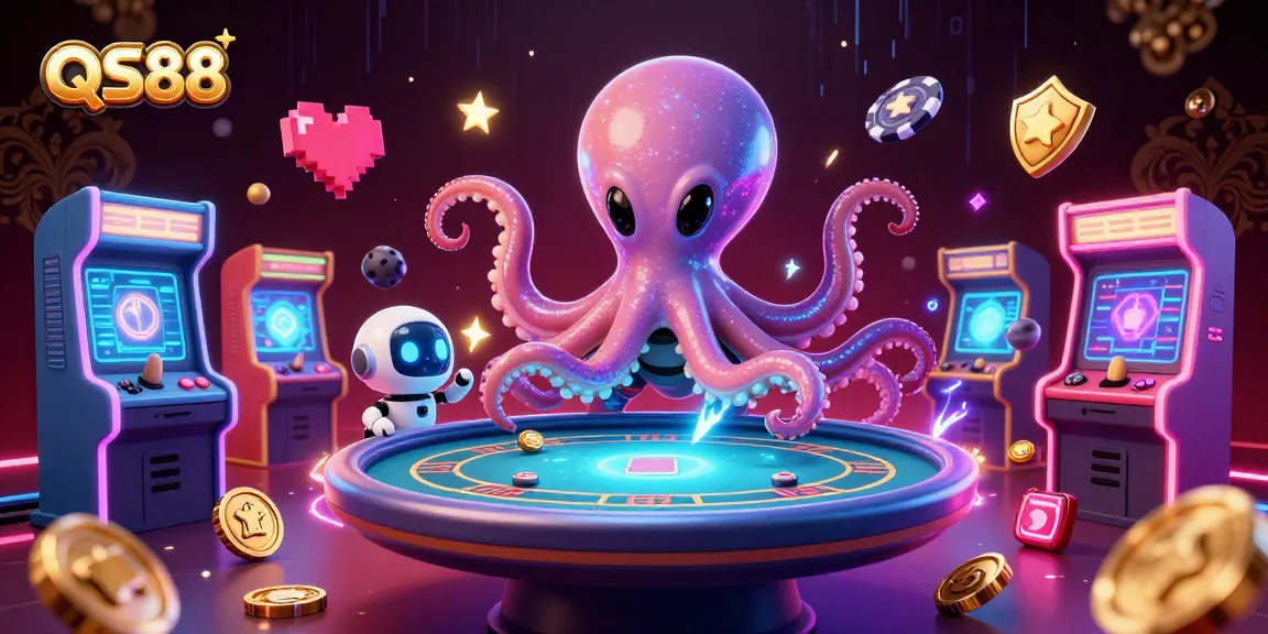 Play poker with QS88 as an alien octopus conducts a thrilling game in a vibrant casino scene.