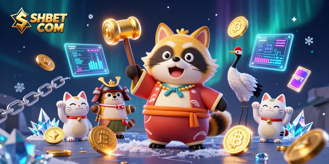 Engage with thrilling gaming at SHBET COM featuring a festive tanuki and cryptocurrency elements.