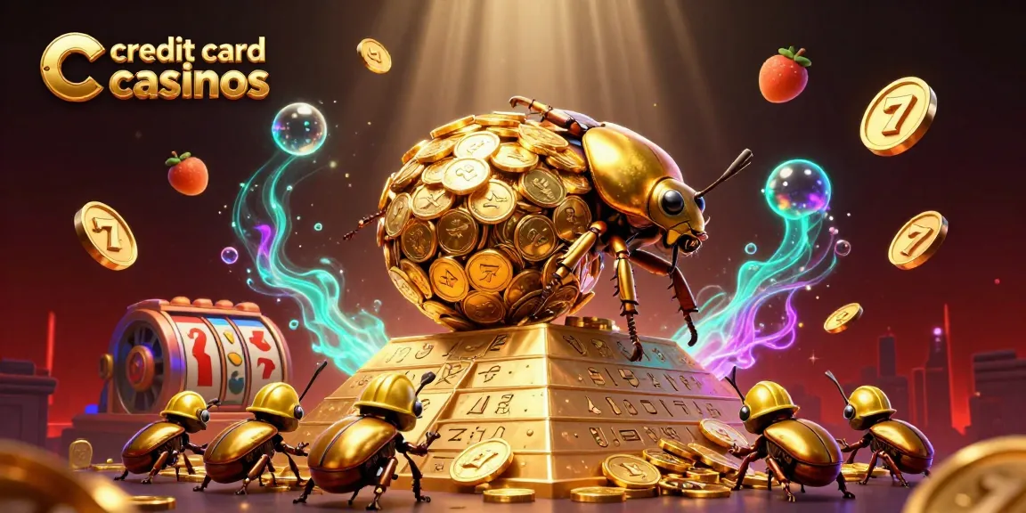 Experience the thrill at credit card casinos with 3D illustrations featuring gold beetles and dynamic casino symbols.