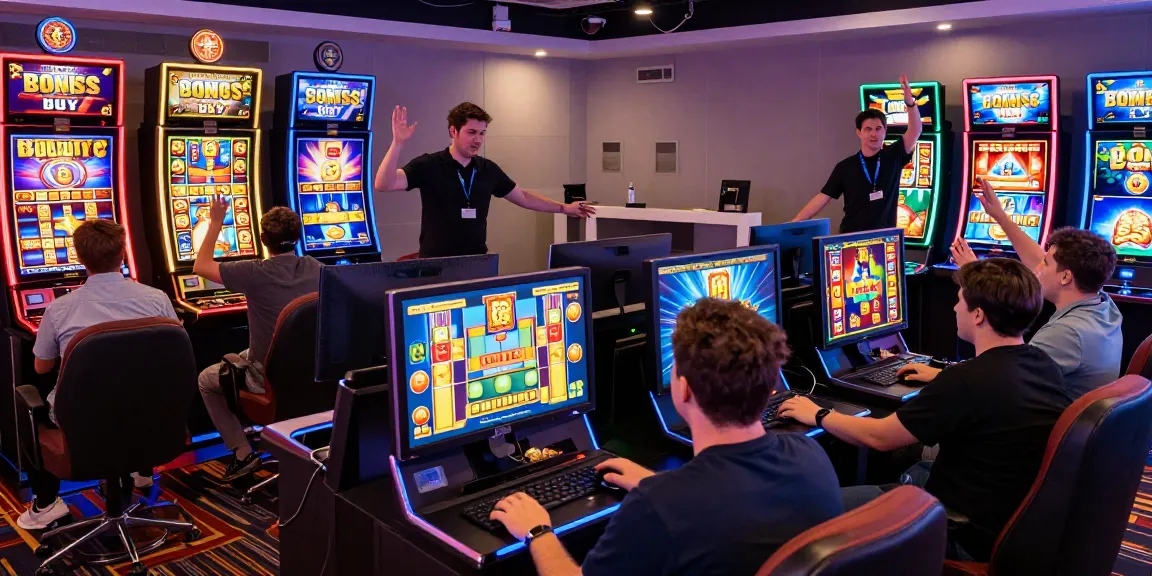 Players excitedly enjoying bonus buy slots UK in a modern casino environment.