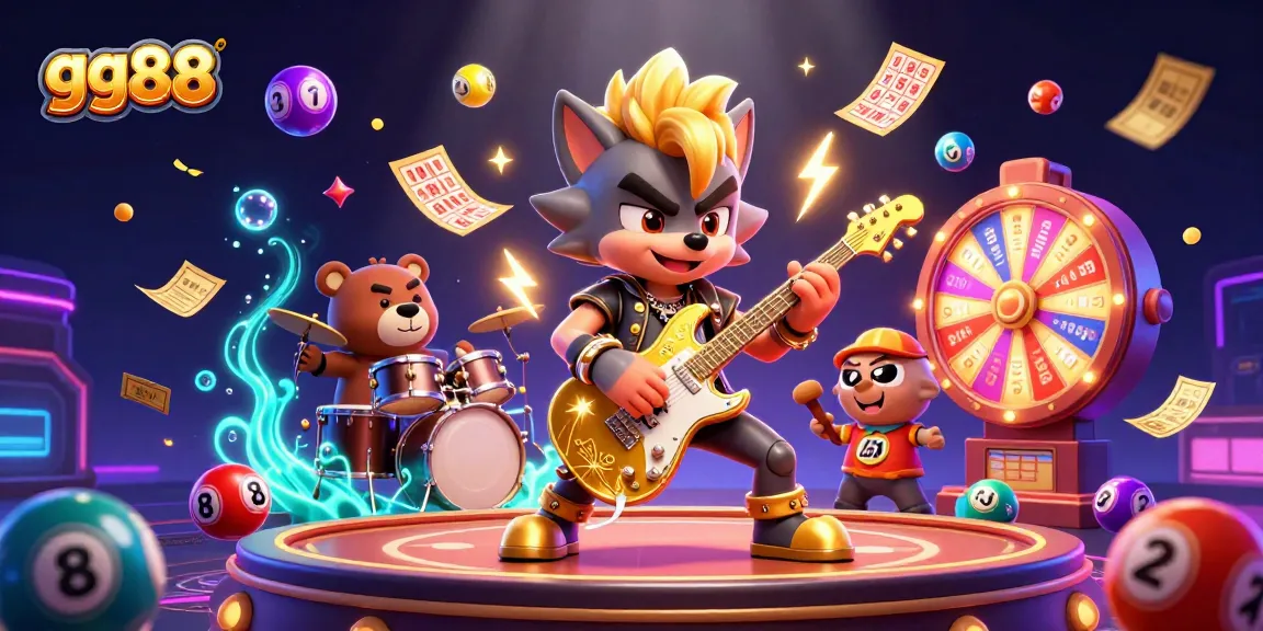 Dynamic scene showcasing a wolf and bear in gg88 casino, highlighting vibrant lottery and prize elements.