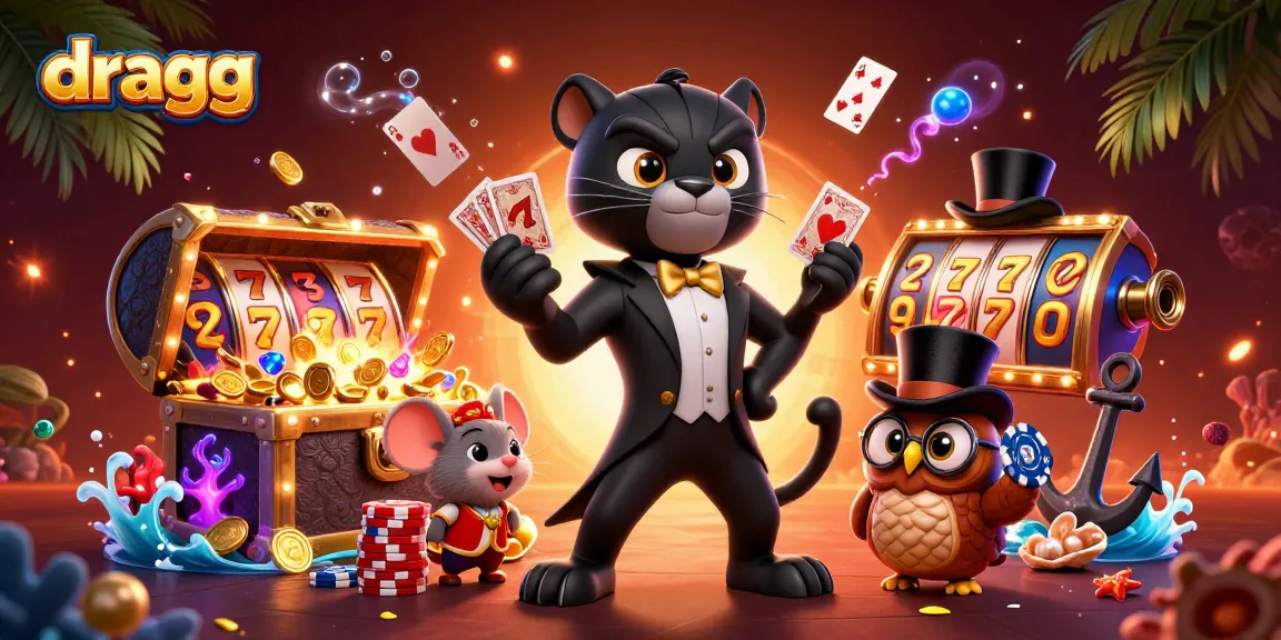 Engage in thrilling gameplay with dragg's vibrant 3D-themed casino illustration featuring cards and slots.