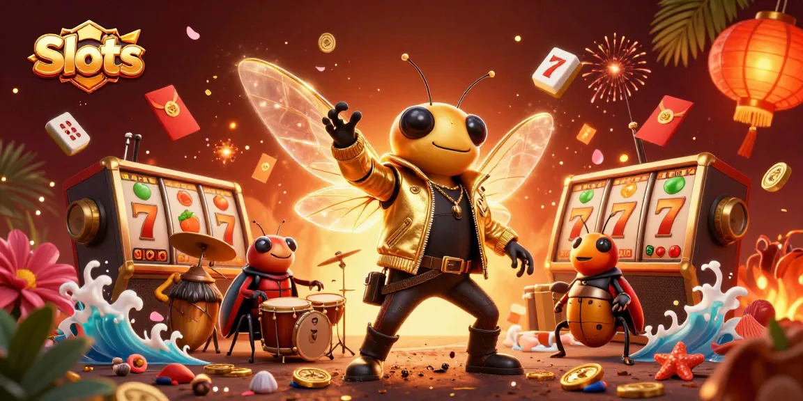 Spin vibrant Slots with a rock star cicada, beetle drummer, and crickets in a rich casino scene.