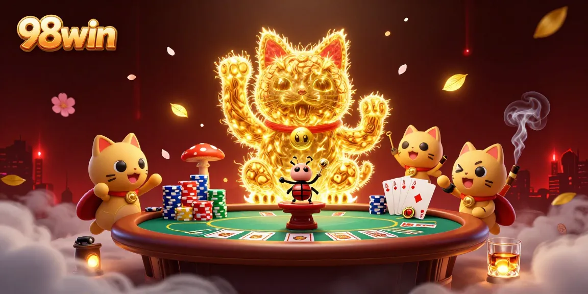 Experience the thrilling world of 98win with vibrant casino elements in an enchanting 3D illustration.