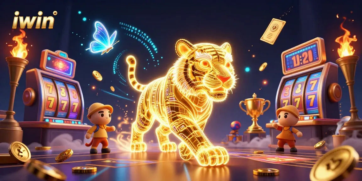 Spin to win at iwin with this vibrant casino scene featuring a golden tiger and slot reels