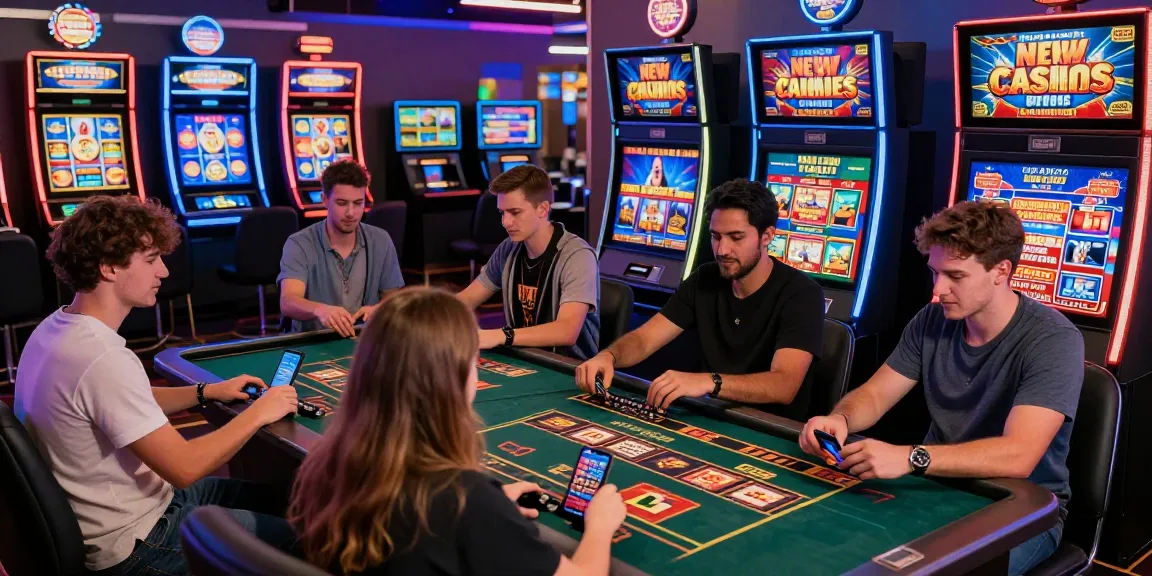 Exciting gaming atmosphere at new online casinos in the UK with diverse players enjoying slots and live dealer games.