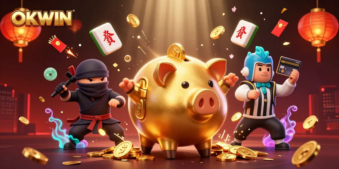 OKWIN showcases thrilling gambling excitement with a dynamic scene of characters celebrating wins in a vibrant casino.