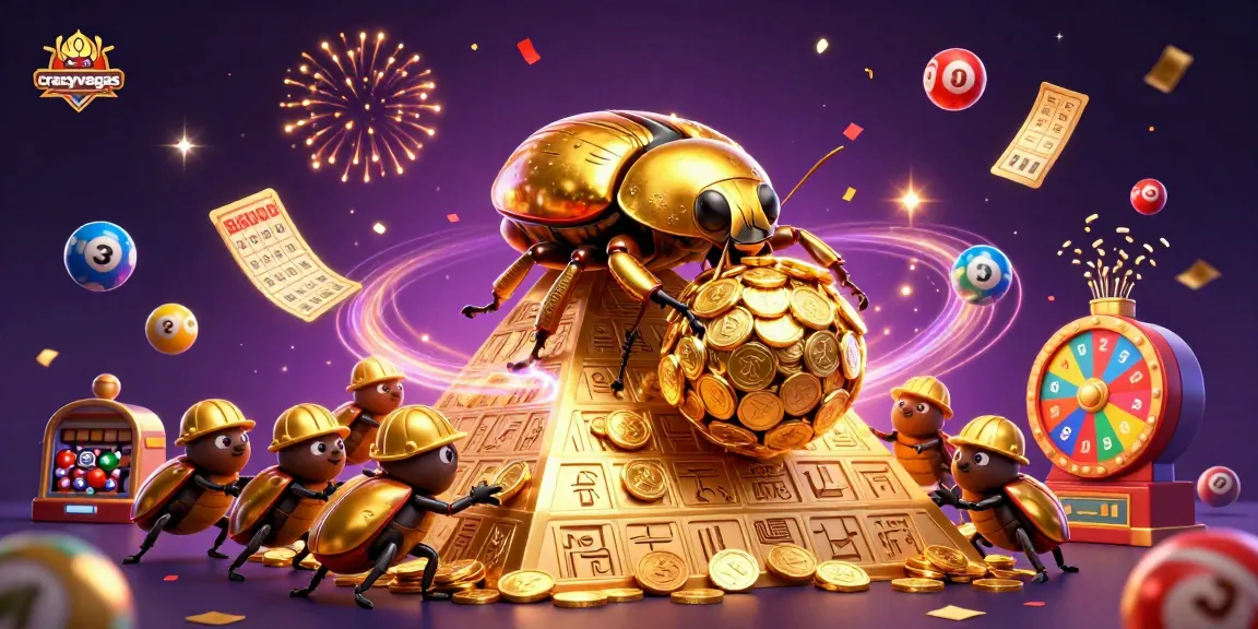 Celebrate with crazyvegas as golden beetles roll coins and lottery symbols burst dynamically.